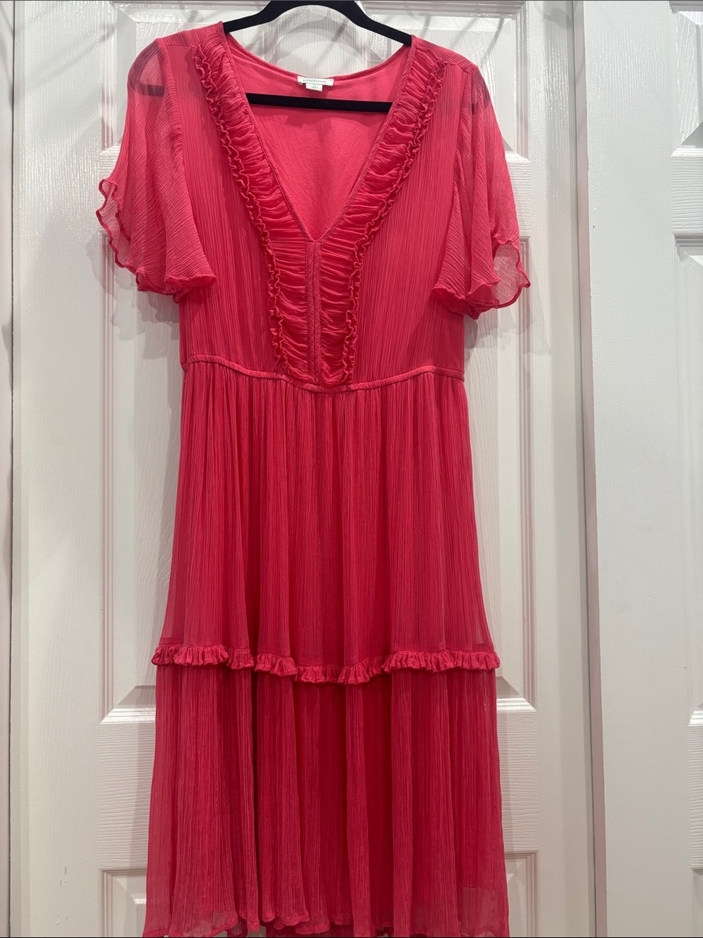 Sundance Ruffled V-Neck Midi Dress in Bright Pink
